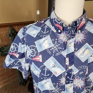 Chap's Nautical Themed Button Down Shirt Short Sleeve Size XL